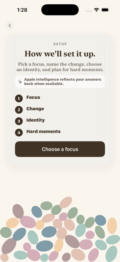 Pebble Jar setup screen showing focus, change, identity, and hard moments