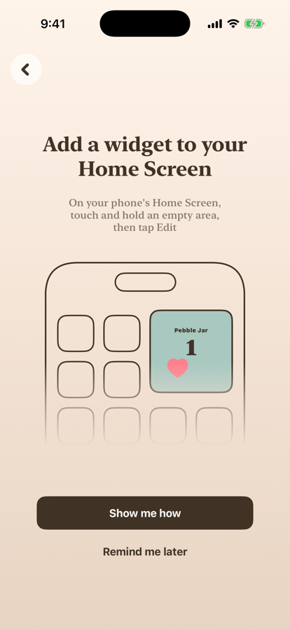 Pebble Jar widget setup screen with Home Screen instructions